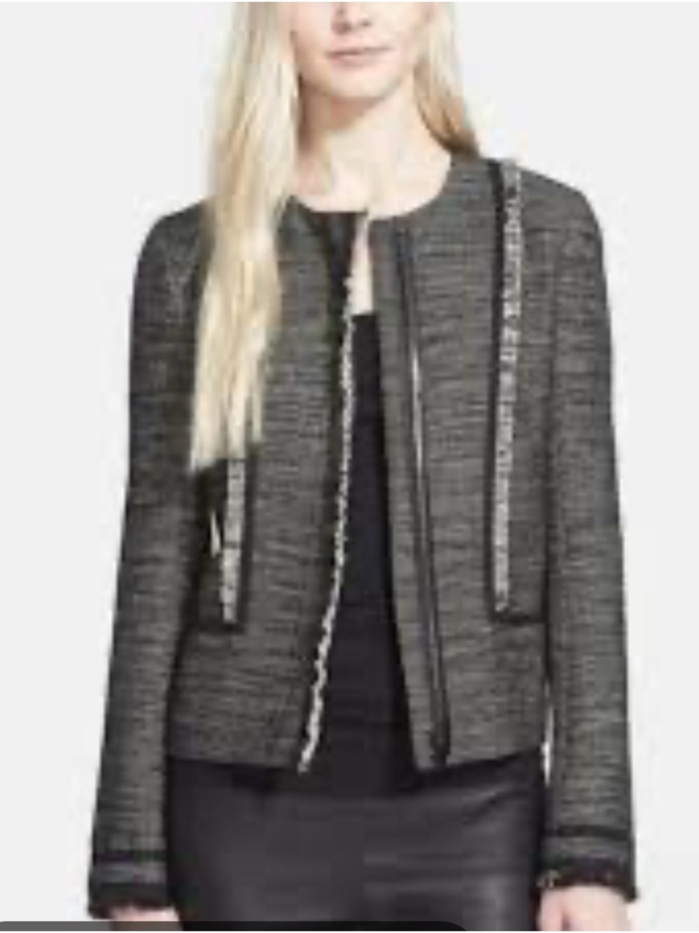 Vince women’s raw edge leather trim jacket in black white tweed - Size 4